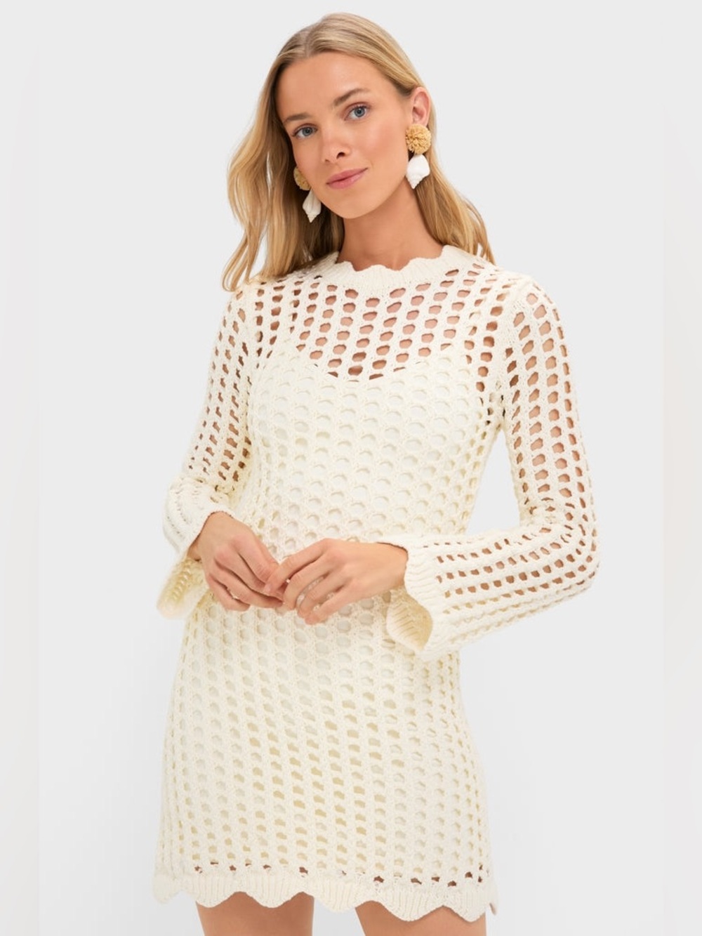 Hyacinth House Open-Knit Cream Long Sleeve Dress